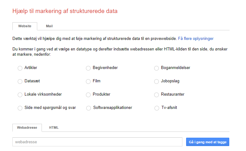 Eksempel paa Google Markup Helper